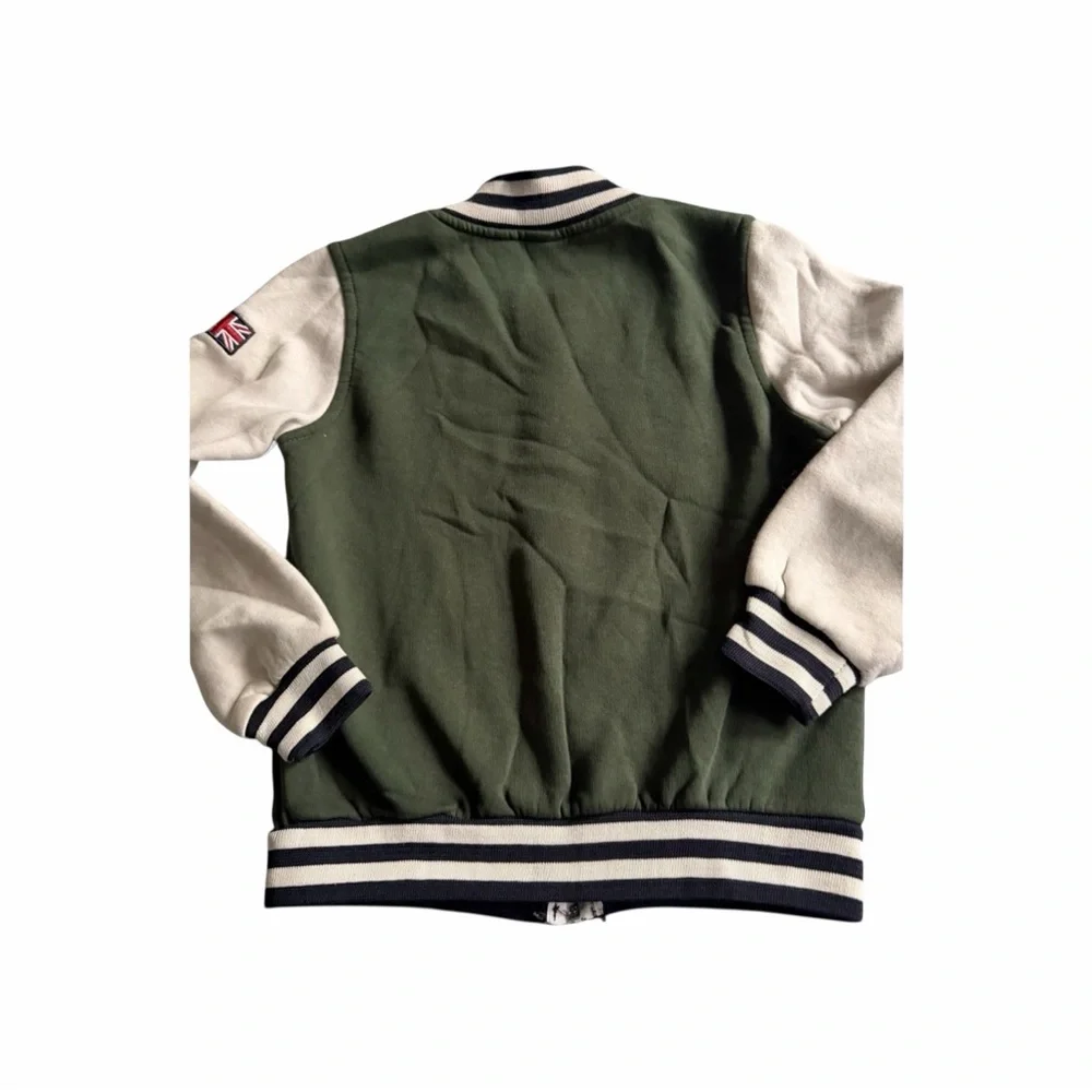 McAli London Varsity Jacket Boys 9-10 Olive Green/cream Zip Union Jack Patch